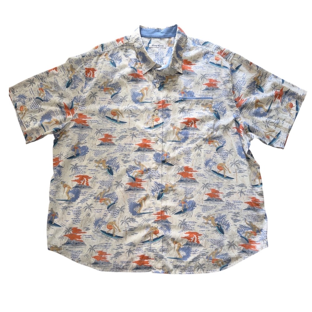 Tommy Bahama Mens 2XLB Surfing Palm Tree Print Tencel Cotton Short Sleeve Shirt - Picture 2 of 9